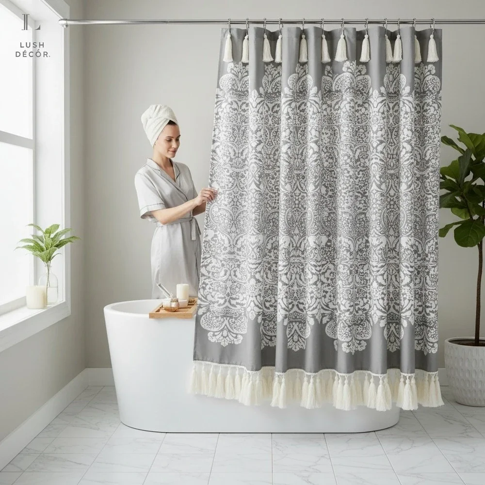Lush Decor Shower Curtain 72x72 Gray Boho Medallion Tassels New